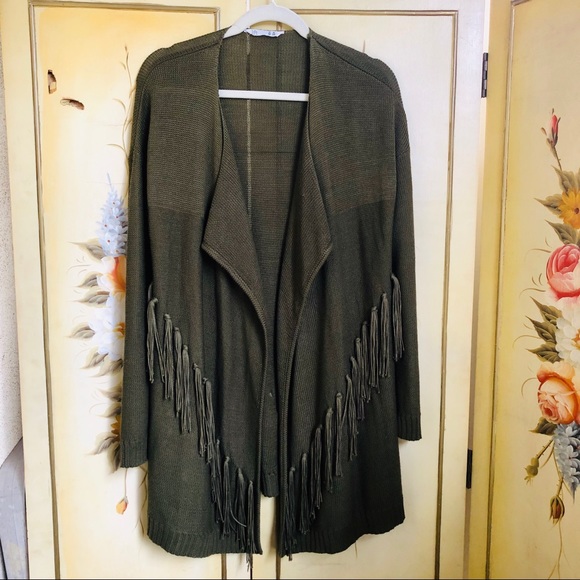 Open Cardigan Sweater with Fringe Olive Green M - Picture 1 of 8